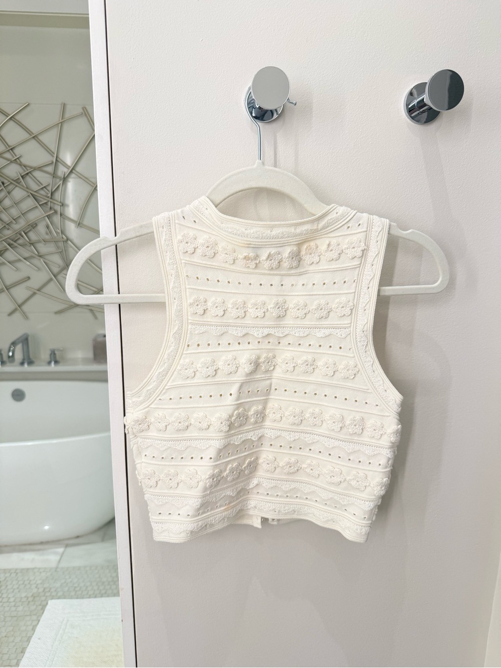 Sandro Sleeveless Cream Crochet Pearl-Button Crop Top - Picture 7 of 7